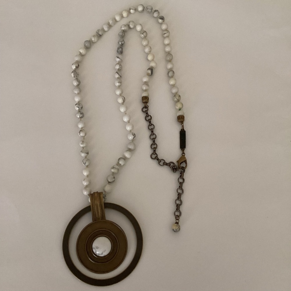 Vintage Jan Michaels San Francisco Necklace Signed Howlite Beaded Chain Brass